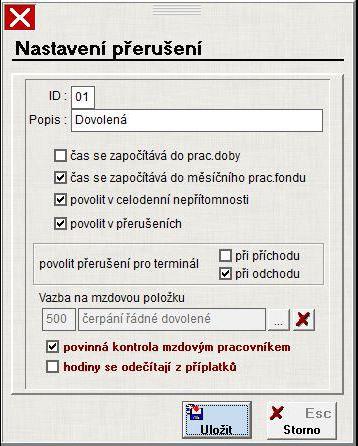 Povinné nastavení je jen pro Odpracované s ID 00 podle obrázku. Ostatní přerušení nebo denní nepřítomnosti se nastavují podle potřeby. ID přerušení je ve formátu "99" (číselná hodnota).