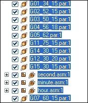 Cvičení: Rozložení sestavy Ve stromu modelu vyberte všechna hodinová soukolí a podsestavy definující hodinové ručičky a