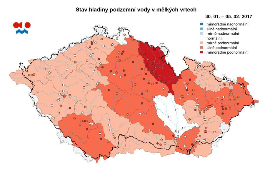 E. Podzemní vody Stav podzemních vod je hodnocen podle pravděpodobnosti překročení hladiny ve vrtu v příslušném týdnu.