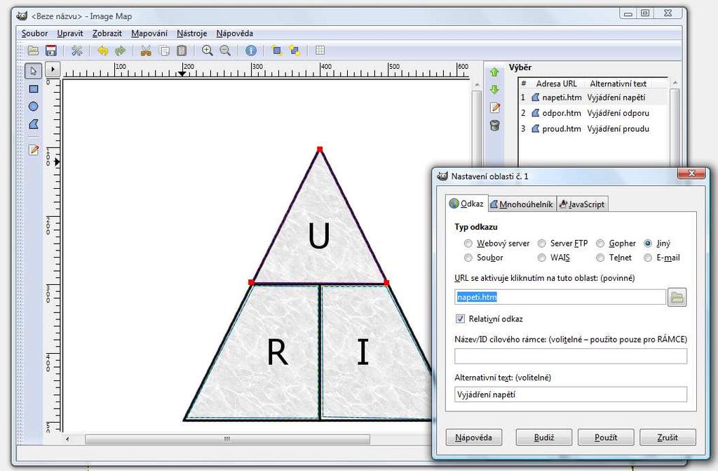 Obrazové (klikací) mapy Ve vytvořeném obrázku můžeme definovat aktivní oblasti (pomocí souřadnic), které obsahují hypertextový odkaz a otevírají tak například určitou webovou stránku.