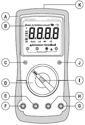 Tlačítko nízké impedance 400 kω pro změnu impedance K. Senzor bezkontaktní detekce napětí NCV (přední strana) L. Posuvný kryt úchytu poutka M. Závit pro připevnění na stativ N.