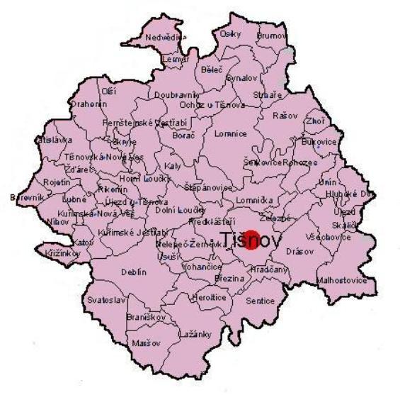 2. Analýza současného stavu a hodnocení realizace závěrů a doporučení Energetického dokumentu (1998) 2.1. Vymezení řešeného území Město Tišnov je obcí s rozšířenou působností.
