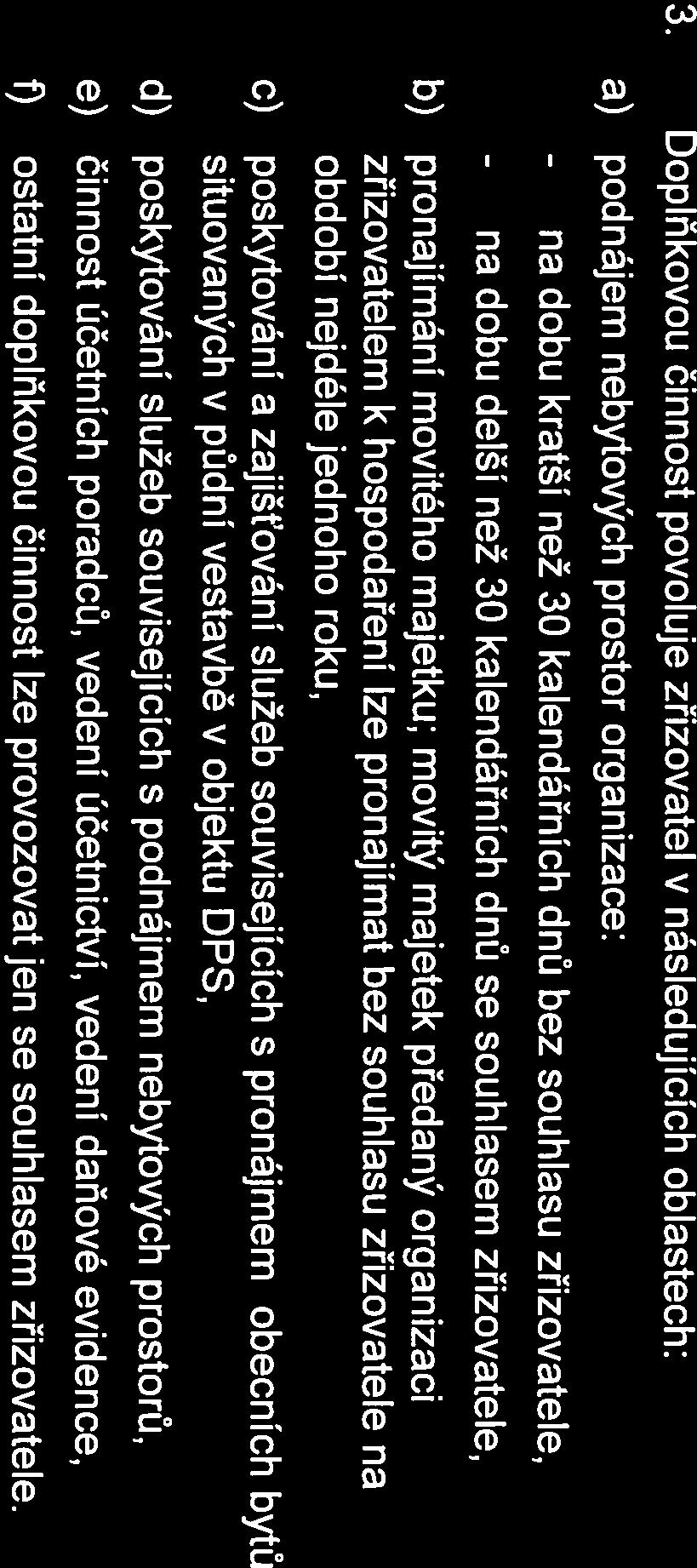3. Doplňkovou činnost povoluje zřizovatel v následujících oblastech: a) podnájem nebytových prostor organizace: - na - na dobu kratší než 30 kalendářních dnů bez souhlasu zřizovatele, dobu delší než