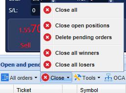 2. Uzavřít otevřené pokyny - zavře všechny aktivní obchody (ale neovlivní čekající pokyny) 3. Vymazat čekající pokyny - odstraní všechny čekající pokyny (ale neovlivní aktivní pozice) 4.