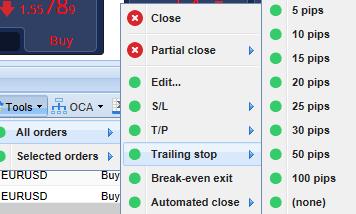 nastavit/upravit stop-loss (S/L), take profit (T/P) nebo trailing stop (T/S). Hodnoty stop-losů a take profitů jsou uvedeny v pipech, ačkoliv S/L a T/P může být nastaven také jako break-even, tzn.