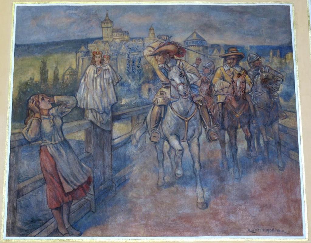 18. Švédský hejtman seká do sochy Panny Marie, 1933, nástěnná malba,