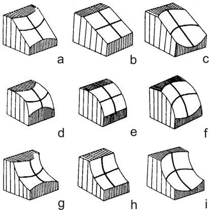 zakřivení plochy). Také tímto způsobem lze vyčlenit 9 základních (jednoduchých) dílčích ploch (obr. 36.02b; např. Krcho 1973; 1990, 242-274; srv. také Novák 2006, 63-64). Obr. 36.02b. Jednoduché dílčí plochy.