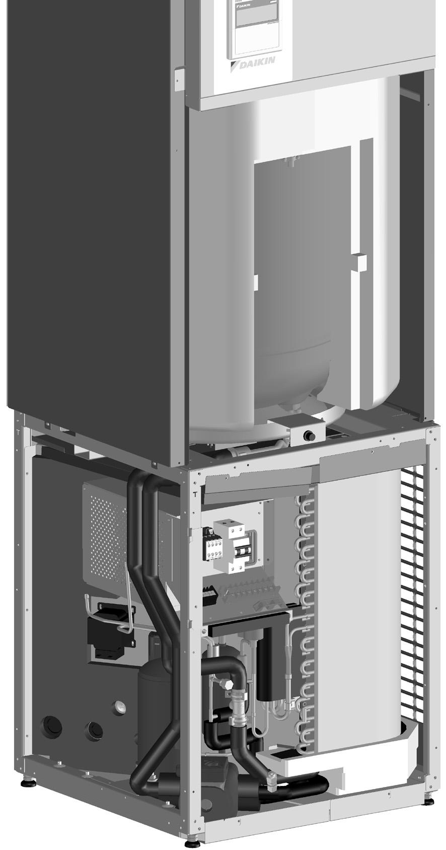 Aansluiting van de tankmodule voor warm water voor huishoudelijk gebruik aan op de warmtepompmodule Boosterverwarming en beveiliging (A) Tankthermistor (B) Afstandsbediening (C) C B Aansluiting op