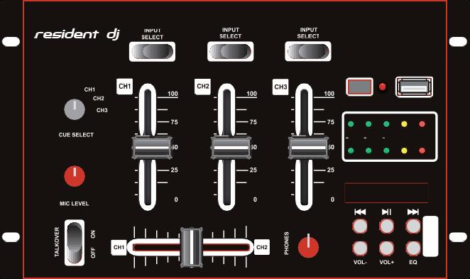 Resident dj Mixážní pult Mikr PH 1 LN 1 PH 2 LN 2 MP 3 LN 3 POWER