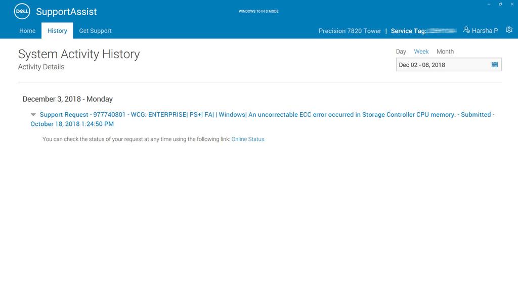 Přehled historie v aplikaci SupportAssist pro systém Windows 10 v režimu S 4 Stránka Historie zobrazuje podrobnosti žádostí o podporu, které byly vytvořeny aplikací SupportAssist.