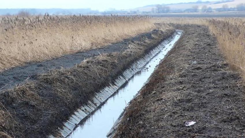 Obr. 45 Zemědělec vnímá zamokřování a rozvoj rákosin jako znehodnocování svojí půdy a čelí mu například pročišťováním drobných vodních toků, které byly v minulosti upraveny do podoby odvodňovacích