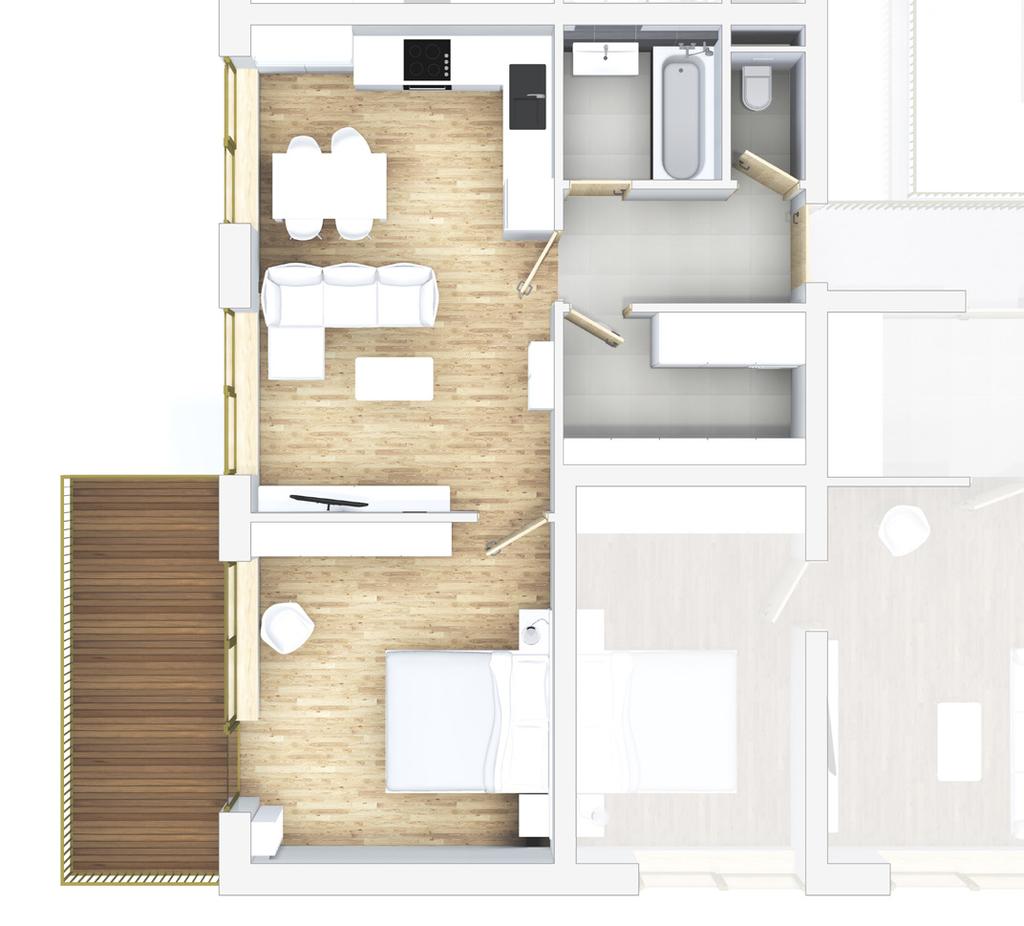 koupelny oddělena. Kuchyně bytu je spojena s jídelnou a prostorným obývacím pokojem. Okna bytu jsou orientována na jihovýchod.