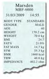 (celková tělesná voda), FFM (hmotnost bez tuku), FM (hmotnost tuku), množství tuku v %, hmotnost a BMI Kolečka pro snadný transport MBF-6010