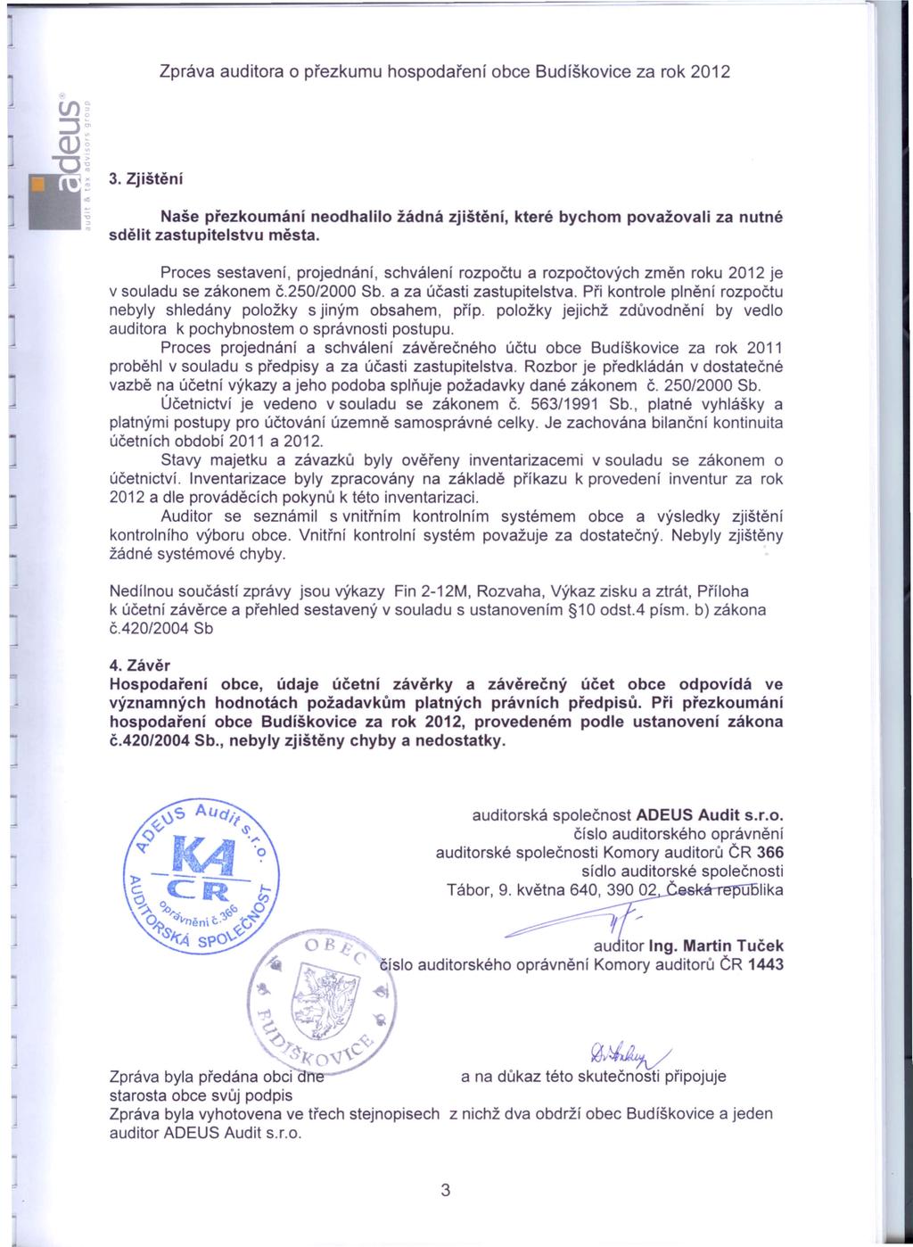 ~ Zpráva auditora o přezkumu hospodaření obce Budíškovice za rok 2012 3. Zjištění Naše přezkoumání neodhalilo žádná zjištění, které bychom považovali za nutné ~ sdělit zastupitelstvu města.