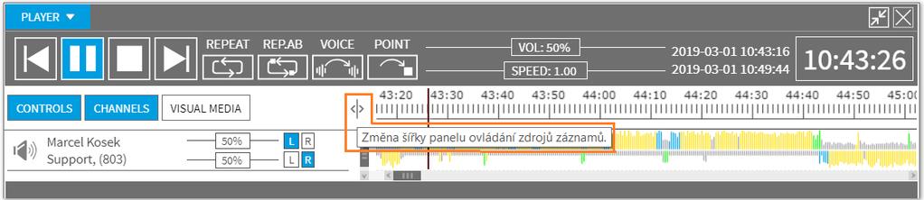 Vyvláním kntextvéh menu nad výběrem, lze pak prvést vlby: Hrát výběr, Načíst puze výběr, Zrušit výběr, Exprtvat zvuk.