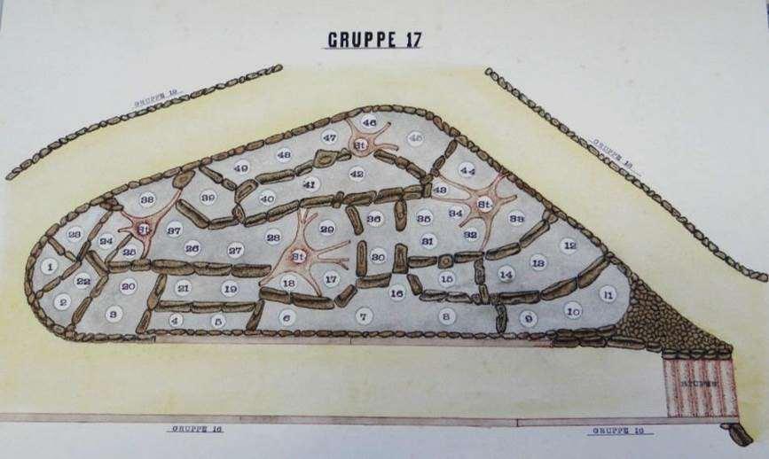 Obr. 36 Barevně zpracovaná skupina 17 z vlastního alpina na mapě č. 236 (Situační plán skalky v parku, b.a., (1930), kresl., kol.