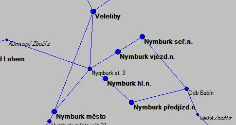 Úseky s extra kolejemi Obrázek 10: Mapa bodů a úseků v uzlu Nymburk 2.