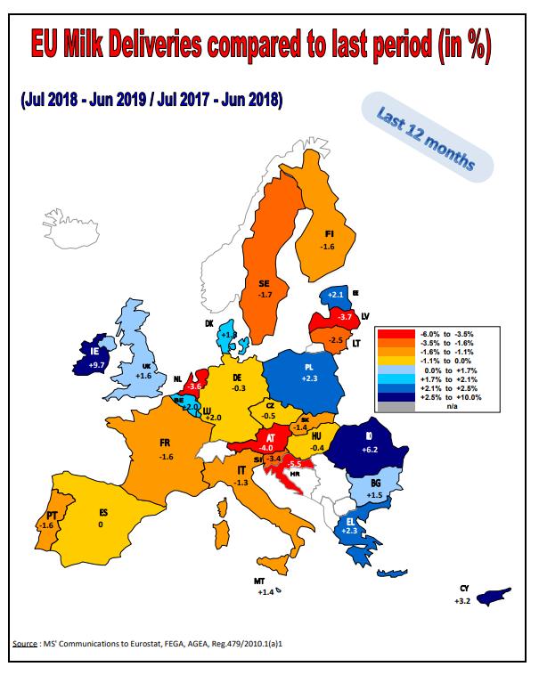 Dodávky mléka v EU podle jednotlivých ČS (%) Porovnání: červenec 2018 - červen