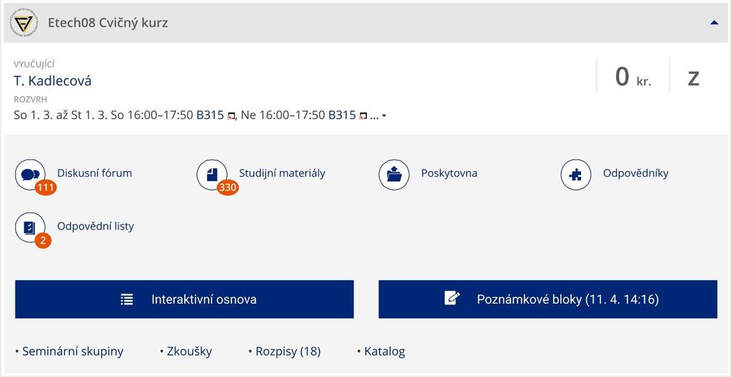 Odpovědníky (e-learning) obsahují přehled vytvořených odpovědníků k předmětům, tzn. elektronických testů.