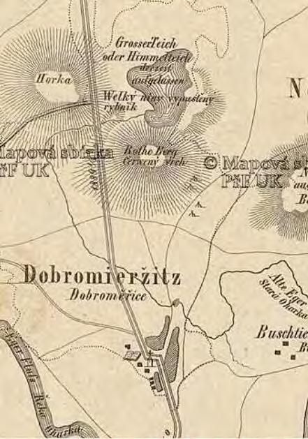 Obr. 4. Dobroměřický rybník zachycený na Hollmannově Mapě okresu lounského z roku 1862 (HOLLMANN 1862, výřez; orig. Mapová sbírka PřF UK Praha).