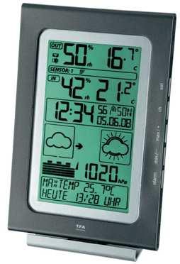 Tato meteorologická stanice je vybavena 5 ovládacími tlačítky a přehledným LCD displejem se zobrazením přesného času a data, grafické předpovědi počasí (4 grafické symboly) včetně tendence vývoje