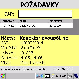 Formuláře ve čtečce Snímání dílů: Pole pro ruční zadání kódu SAP, které lze využít, pokud kód není čitelný skenerem, případně kód