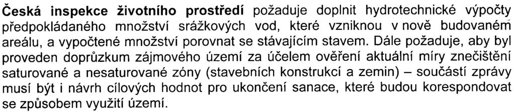 Èeská inspekce životního prostøedí požaduje doplnit hydrotechnické výpoèty pøedpokládaného množství srážkových vod, které vzniknou v novì budovaném areálu, a vypoètené množství porovnat se stávajícím