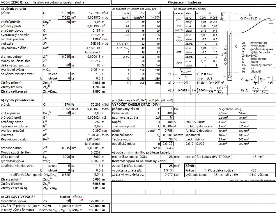 Obr. 3.: Hydraulický výpočet: Dodávka čerpadla parametru Qmax 1,97l/s H=131m volba čerpadla dle programu WebCAPS = příkon 4kW.
