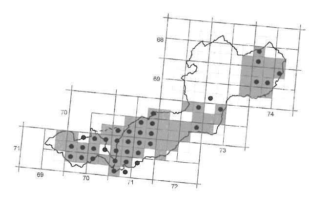 Vysvětlivky k mapě: výskyt před rokem 1990 výskyt před rokem 1990, pochybný výskyt od roku 1990 výskyt od roku 1990, pochybný Obr. 6 Rozšíření vstavače vojenského (Orchis militaris) na území CHKO BK.