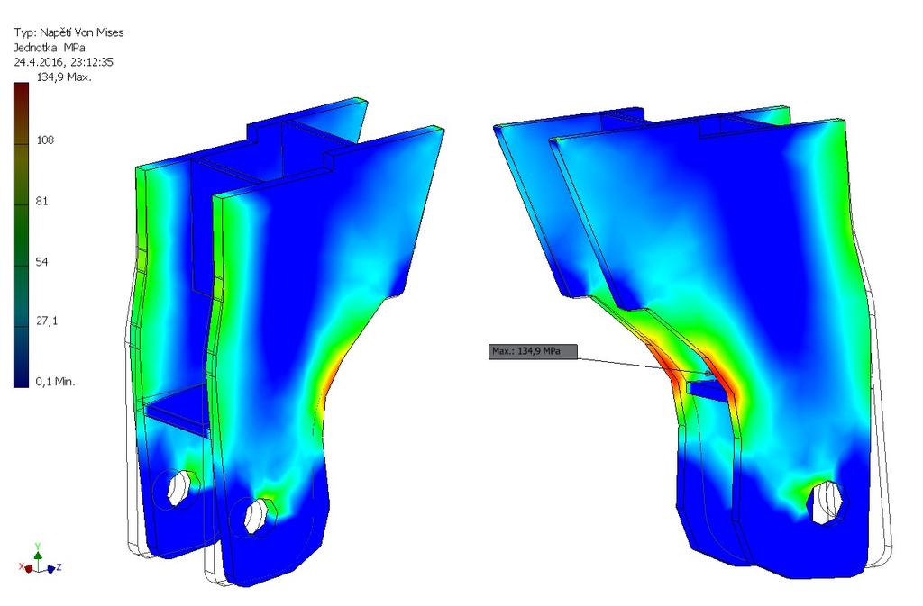 Z pevností analýzy jsem zjistil, že maximální zatížení na konzoly v radiusu je 135 MPa Minimální součinitel bezpečnosti je kmin =2,08 [ - ].