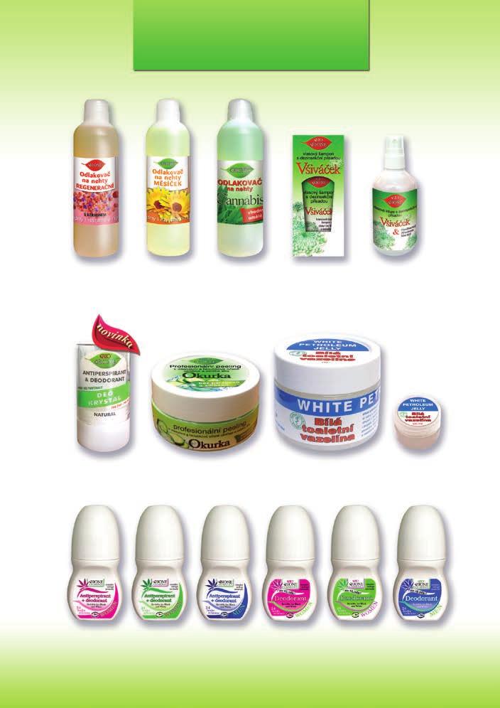 200 ml, kód 8008 Krém na ruce s rostlinnými extrakty 100 ml, kód 79455 Antiperspirant a deodorant DEO KRYSTAL 120 g, kód 79302 Profesionální peeling OKURKA 200 g, kód 7939 Bílá toaletní VAZELÍNA 260