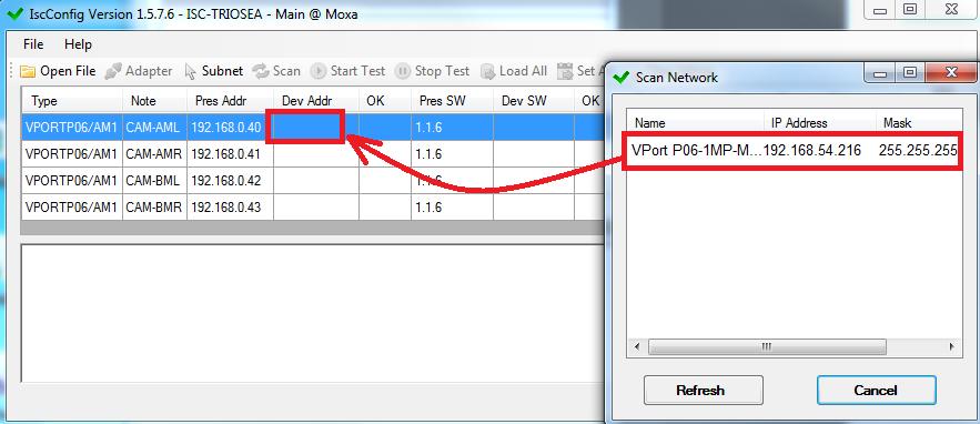 Obr. 40 - Scan Network Najděte připojenou kameru. Přetáhněte řádek z okna "Scan Network" a umístěte jej do řádku s požadovanými parametry v hlavním okně.