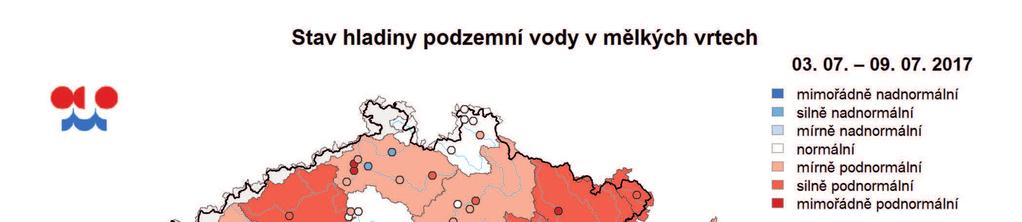 Mapa ukazuje stav podzemní vody ve sledovaných vrtech a oblastech povodí dle pravděpodobnosti překročení úrovně hladin v daném týdnu v referenčním období 1981 2010 (viz text).