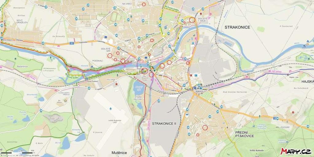 Přehledová mapa Strakonic - kritická místa možného střetu občanů, stavebních společností a