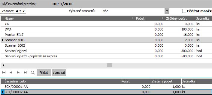 Zadání sériových čísel na skladě. V případě sér. čísel samozřejmě nelze zadat více než 1ks ke každému. Tímto zadáním sér.