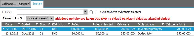 Seznam pohybů k dané dílčí kartě je omezen defaultně za tuto dílčí kartu - tzv. Červené omezení. (Více viz help, kap.