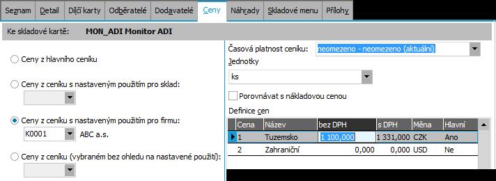 Tudíž musíme zadat prodejní cenu za MON_ ADI do individuálního ceníku, který je aktuálně připojen k firmě ABC (má aktuálně nastaveno použití pro tuto firmu, viz kap. Ceníky).