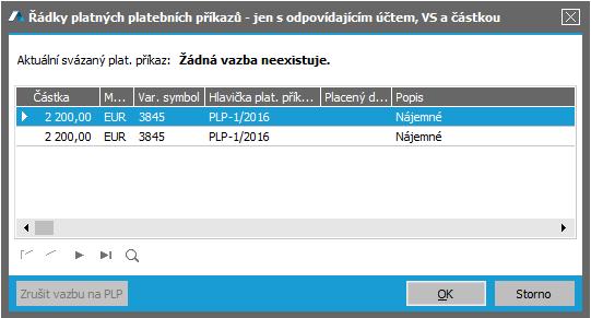 Seznam možných dohledaných platebních příkazů, z nichž vybereme první. ABRA vzhled modrý.