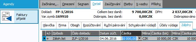 na všechny řádky předvyplní. Příklad řádků faktury přijaté, typ výdajů 'ZB' z defaultně dodávaných typů je využit pro označení výdajů za nákup materiálu a zboží.
