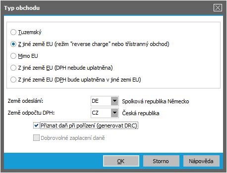 obchodu 2 - Z jiné země EU (režim reverse charge nebo třístranný obchod) a další položky zadáme např. následovně: Příklad vyplnění dialogu Typu obchodu v hlavičce naší faktury. ABRA vzhled modrý.