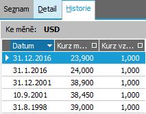 V záložce Historie se zobrazují všechna data, ke kterým byl zadán nějaký kurz. Podrobněji viz help, kap. Kurzovní lístek.