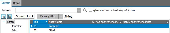 Umístění majetku Umístění je povinný údaj na kartách majetku a kartách drobného majetku, proto musí být zavedeno alespoň jedno.