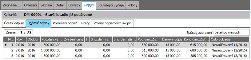 Zobrazení odpisů, zadání přerušení Zařadili jsme si karty do evidence, čímž se k nim napočetly odpisy dle jejich odpisových algoritmů.