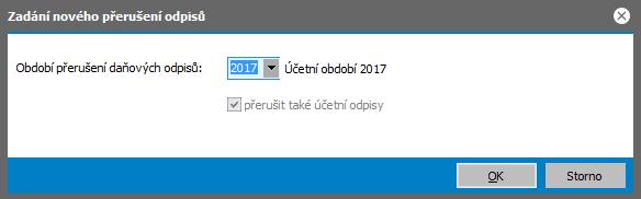 Příznak, zda přerušit i účetní odpisy zde není dostupný, jelikož jsme si u této karty zadali Účetní odpisy shodné s daňovými, tudíž nelze přerušit daňové odpisy a nepřerušit