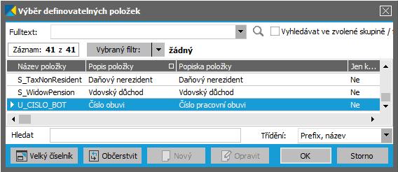 U_CISLO_BOT: Pokud by se vám ve vyvolaném výběrovém číselníku položka nenabízela, proveďte občerstvení číselníku. ABRA vzhled modrý.