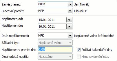 Zadání nepřítomností Předvedli jsme si zadání nemocenské dávky a obdobně si můžeme zadat nepřítomnost. Jak bylo zmíněno v kap.