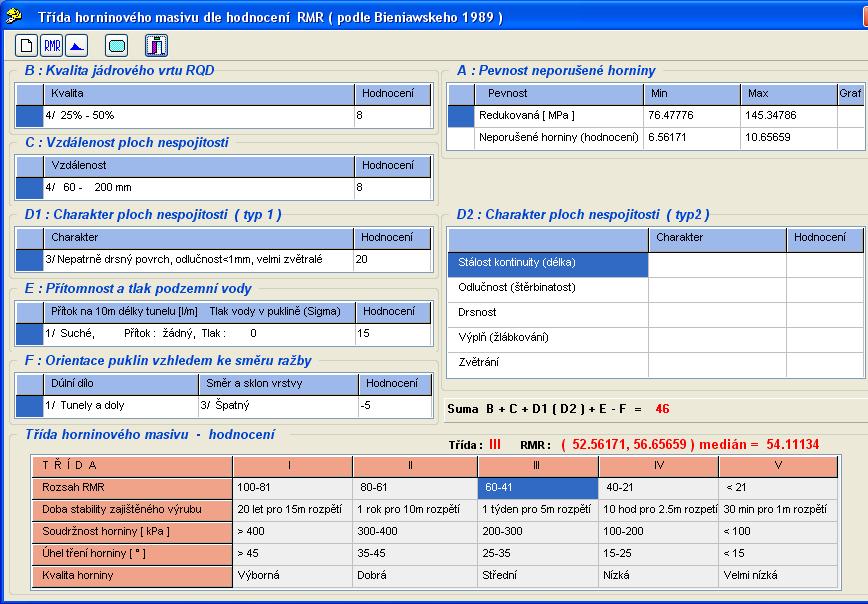 Obr.4: Pracoví plocha programu s tabulkou pro staoveí geomechaického klasifikačího