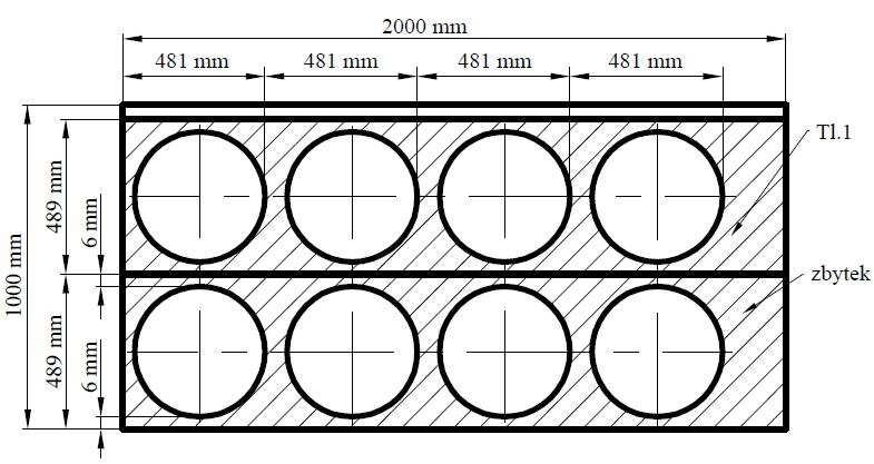 varianta A Velikost tabule 1 x 1000 x 2000 mm. Pro výpočet je uspořádání pásů podélné, umístění průměrů přístřihu a rozměry tabule zobrazeny a zakótovány na obrázku 32.