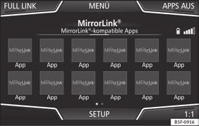 MirrorLink Obr. 185 Funkční tlačítka v přehledu kompatibilních aplikací. Obr. 186 Ostatní funkční tlačítka pro Mirror- Link.