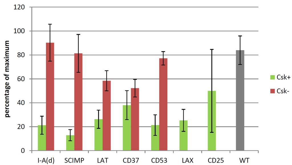 Fig. 16 BCR-induced CD69 expression - K46 cell lines expressing the constructs (I- A(d)+, SCIMP+, LAT+, CD37+, CD53+, LAX+, CD25+, I-A(d)-, SCIMP-, LAT-, CD37-, CD53-) or non-infected (WT) were